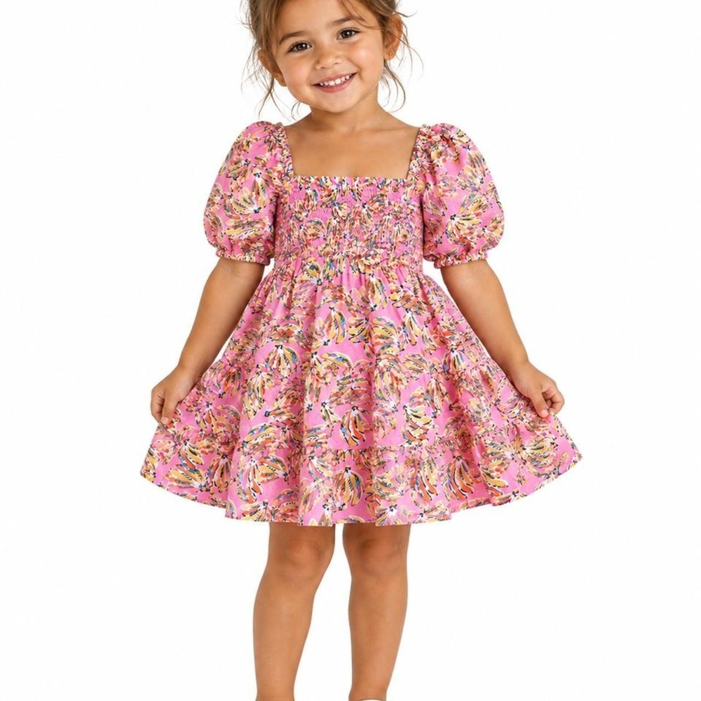 Crown & Ivy Kids Pink Tropical Banana Print Puff Sleeve Tiered Dress Girls 4